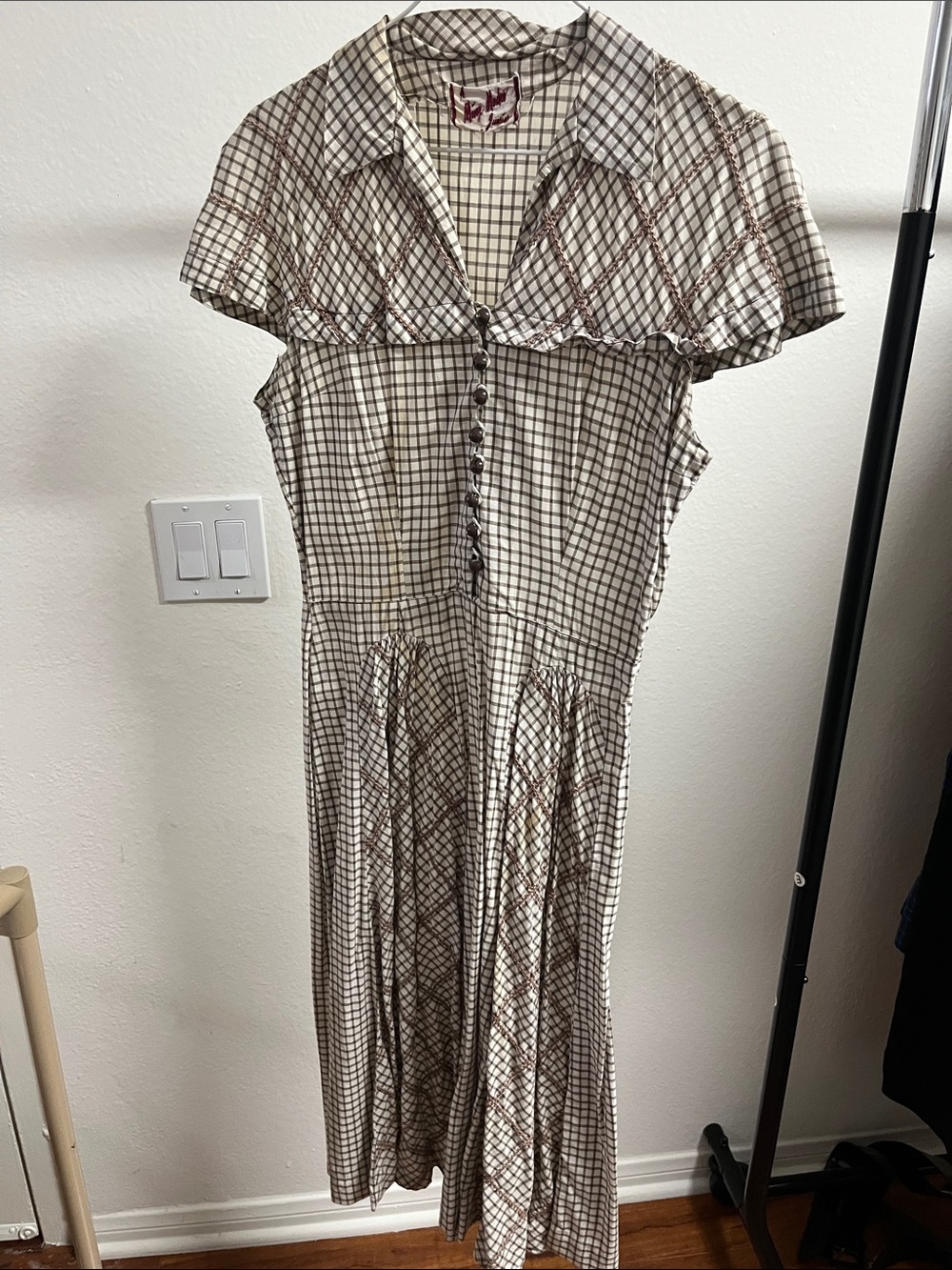 Checked Button-Front Maxi Dress in Cream and Brown
